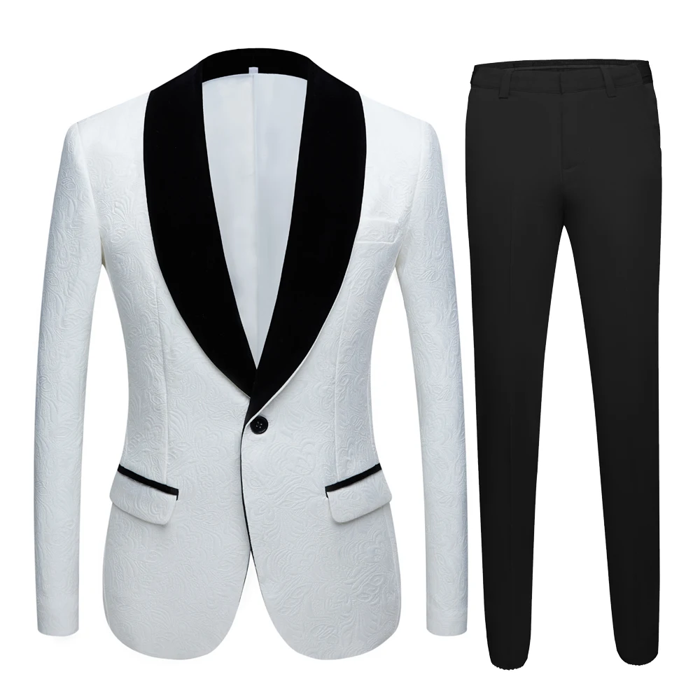 

Custom Made Groomsmen White Pattern and Black Groom Tuxedos Shawl Lapel Men Suits Wedding Best Man ( Jacket+Pants+Tie ) D80