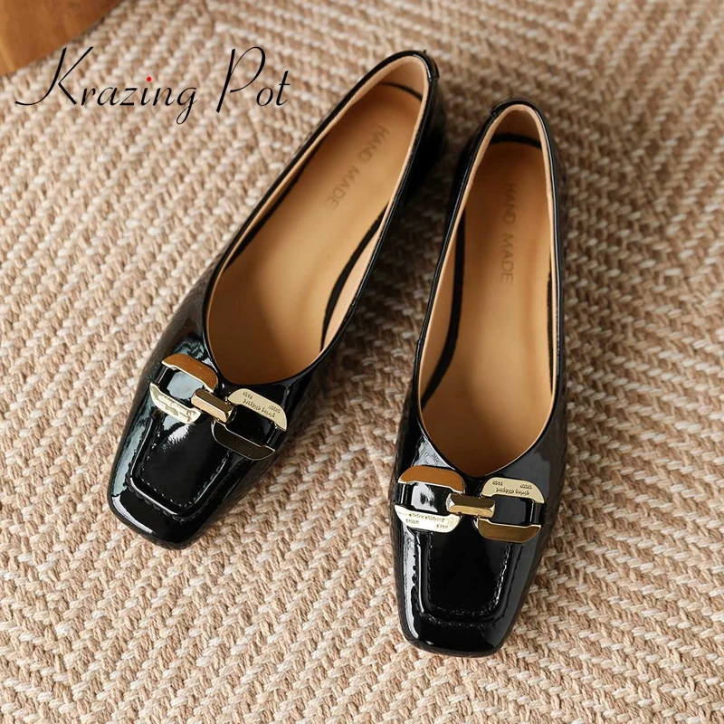 Krazing Pot full grain leather square toe low heel high quality brand shoes women metal fasteners young lady casual pumps L18