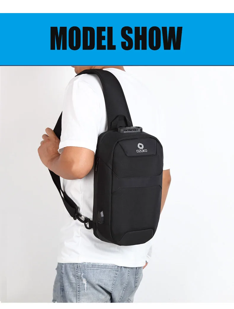 OZUKO Men's Messenger Bag Antitheft Waterproof USB Recharging Shoulder Crossbody Bags Chest Pack Male Sling Bag for Short Trip