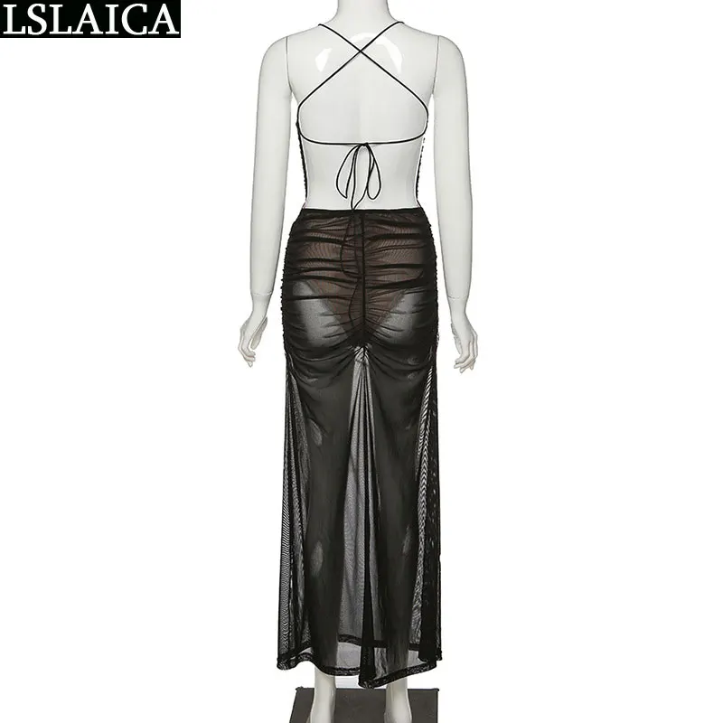 

New bodycon dress solid color mesh patchwork see through sexy dress women streetwear halter hem split bandage dress club party