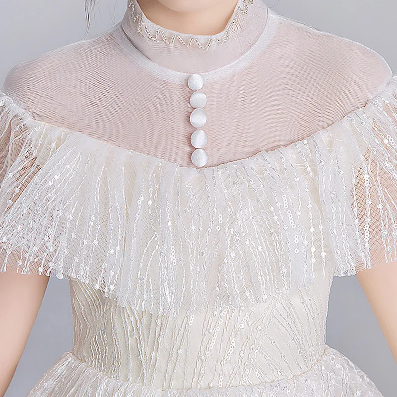 

Luxury Holy Communion Dress Small Trailing High Collar Flower Girl Dresses for Wedding Embroidery Princess Party Dress 2-12 Year