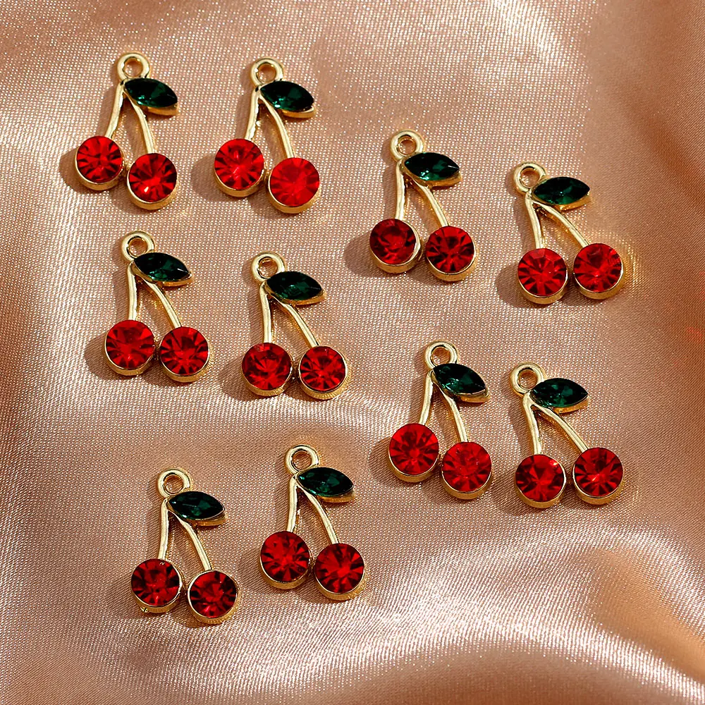

Exquisite Rhinestone Cherry Charm Gold Alloy Fruit Pendant DIY Jewelry Earrings Charms Handmade Jewelry Making Accessories 10Pcs