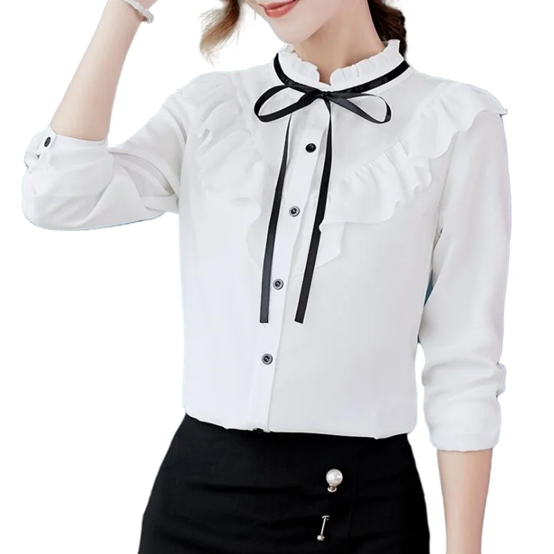 Spring Autumn ruffled long sleeve women blouse top Streetwear Slim Chiffon Blouse blusas blancas