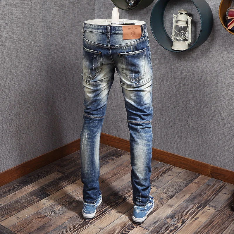 European American Street Fashion Men Jeans Retro Blue Camouflage Pocket Designer Slim Ripped Jeans Men Hip Hop Denim Punk Pants