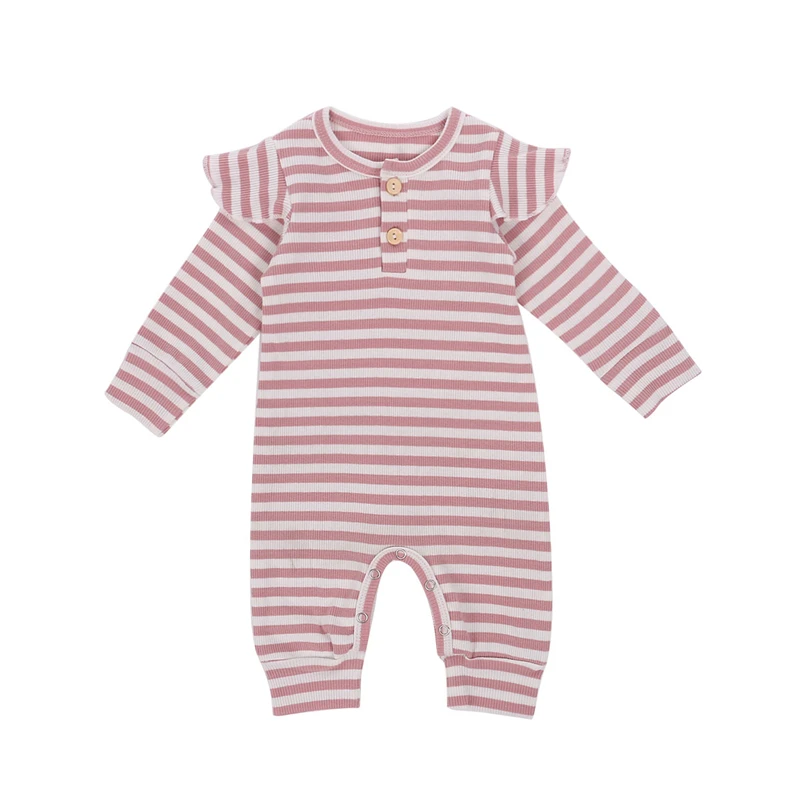 3 colors Newborn Ribbed Stripe Romper Infant Long Sleeve Round Neck Ruffle Jumpsuit Casual Style Playsuit 2020 |