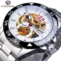 forsining top brand luxury mens wristwatch fashion skeleton dial silver stainless steel automatic mechanical business man clock