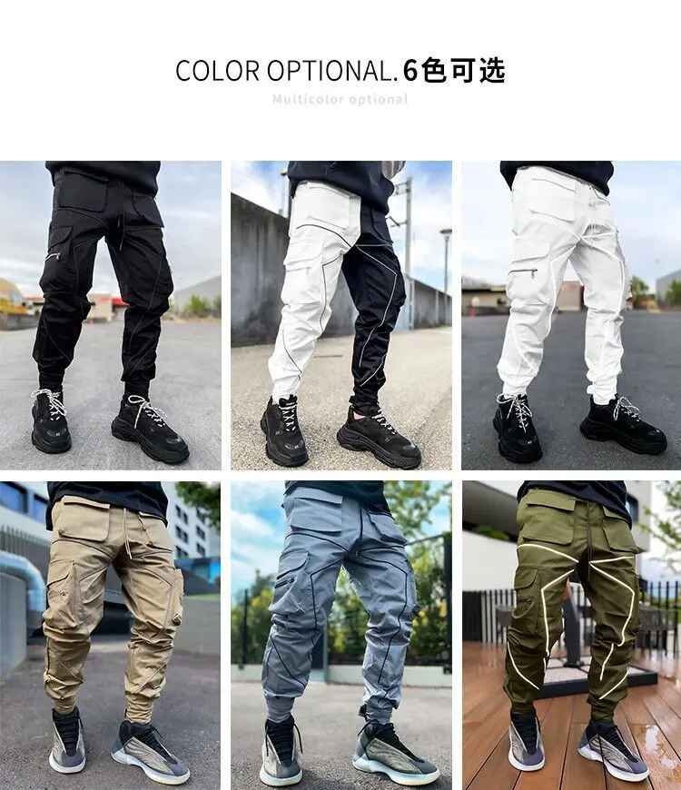 

2021 New Fashion Men Reflective Pants Hip Hop Streetwear Casual Fitness Pants Joggers Trousers Pocket Cotton High Quality Cargo