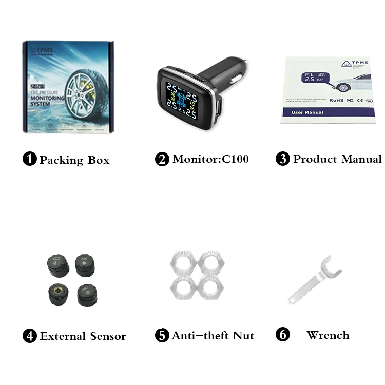 Система контроля давления в шинах TPMS внешний и внутренний прикуриватель с