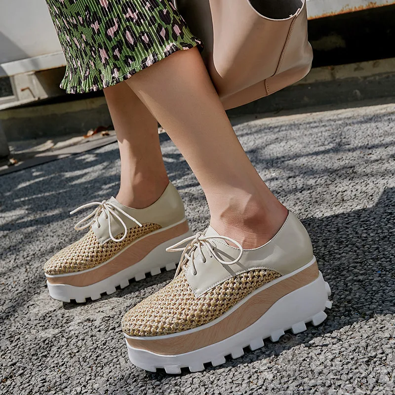 

Asumer 2020 genuine leather shoes women flat platform shoes hollow out spring summer casual shoes lace up single shoes woman