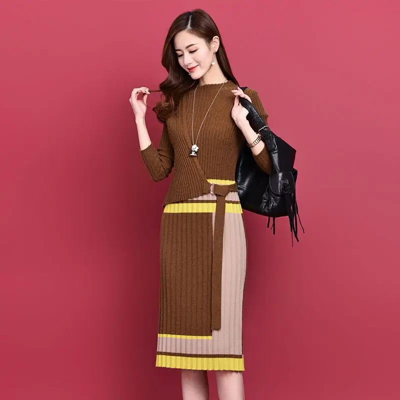 

Slimming Knitted Female Dress New Korean Style Long-sleeved Mid-length Bottoming Skirt Waist