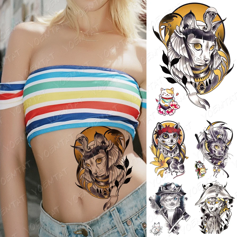 

Waterproof Temporary Tattoo Sticker Egyptian Cat Pharaoh Flash Tattoos Moon Old School Body Art Arm Fake Tatoo Women Men