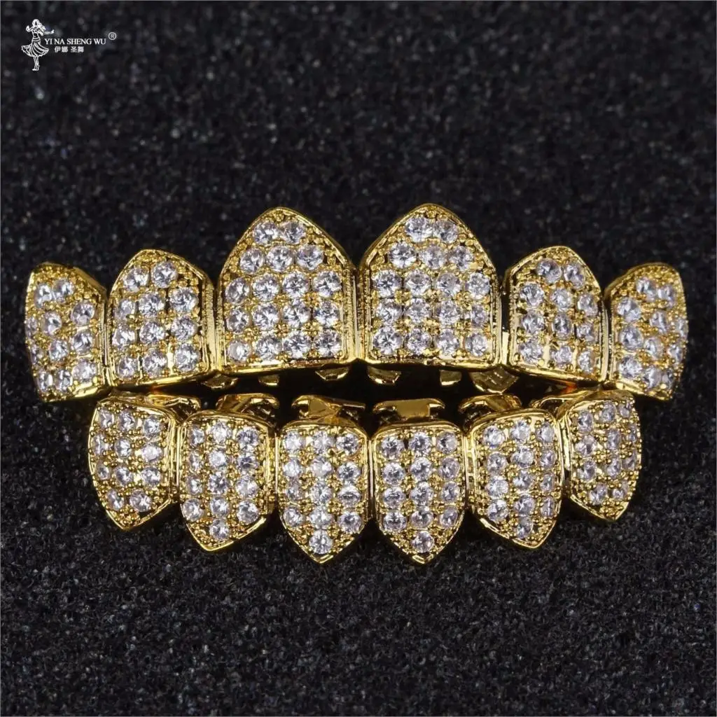 Чистый золотой цвет и посеребренный хип-хоп гриль с микро-паве CZ Клык верхний