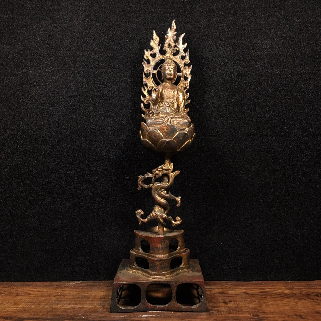 

Китайская народная коллекция, старая бронзовая киноварная лак сакамуни, сидящее пламя, Будда, терраса, священное украшение Будды, 12 дюймов