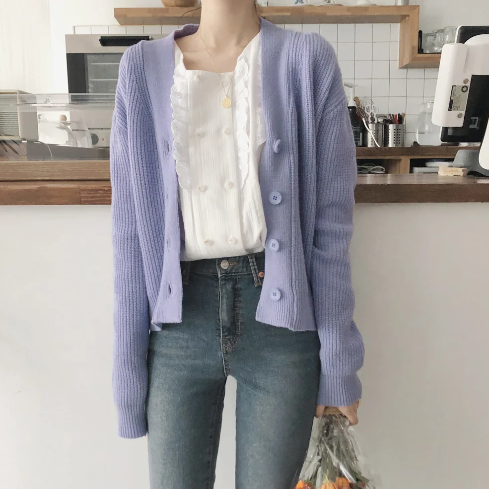 

Autumn Winter New Sweet Women Sweaters Casual Loose Short Sweaters Ladies V-neck Long Sleeve Ligh Purple Knitting Cardigans