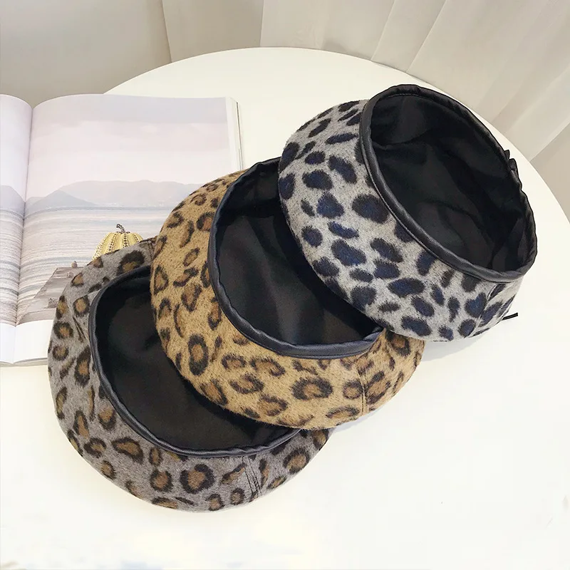 

Leopard Beret Hats For Women Winter Beret Hats For Girls Soft Wool Female Flat Cap Vintage Octagonal cap Fashion Hats