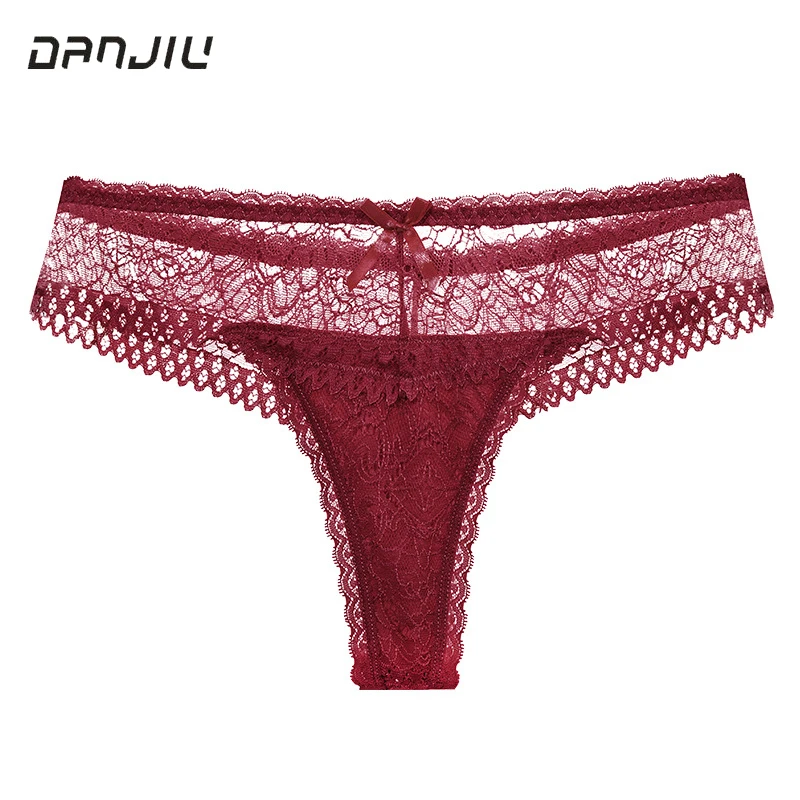 

European Size Thongs for Women Low Waist Seamless Breathable Sexy Hollow Transparent Lace Jacquard Underwear G-String T-Back