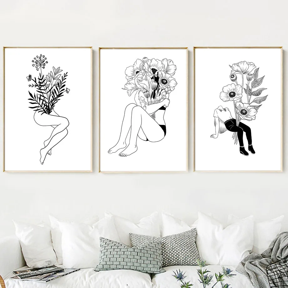 Абстрактная настенная Картина на холсте цветок девушка черные белые плакаты и