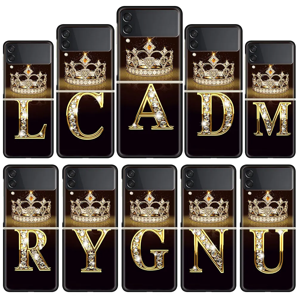 Letter Monogram Gold Marble Cell Case For Samsung Galaxy Z Flip 3 5G 4 Fashion Z Flip3 Luxury Black Hard Back Phone Coque Cover