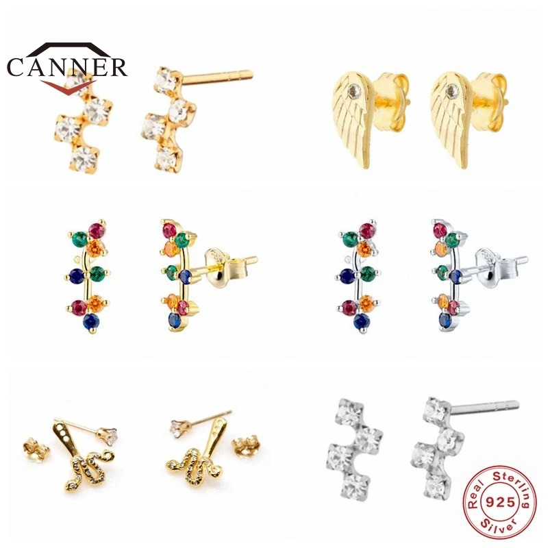 

CANNER 925 Sterling Silver Stud Earrings for Women CZ Zircon Angel Wings Lightning Piercing Earring Earings Jewelry pendientes