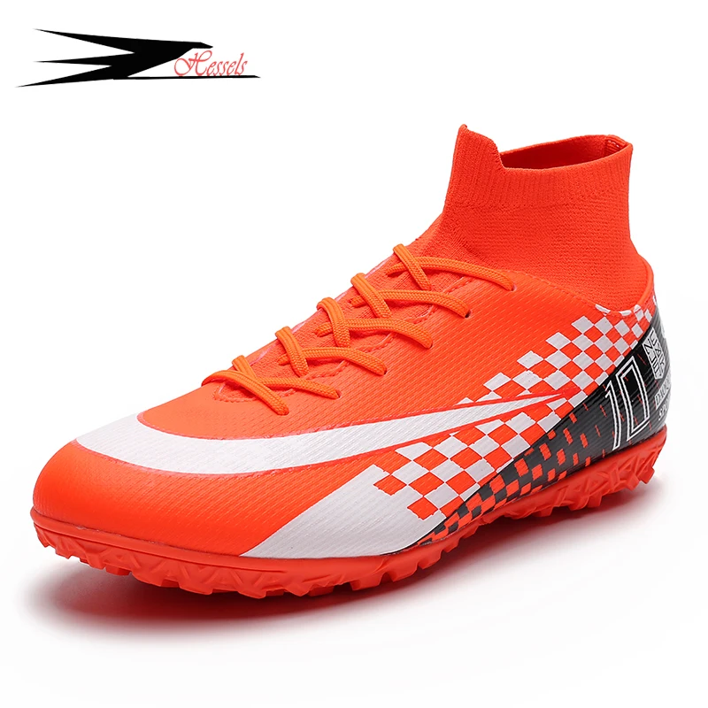 Men Shoe White Orange Football Boots High Ankle Soccer Soft Groud Man Shoes Botas De Futbol Socks Cleats Training Sneakers TF/FG