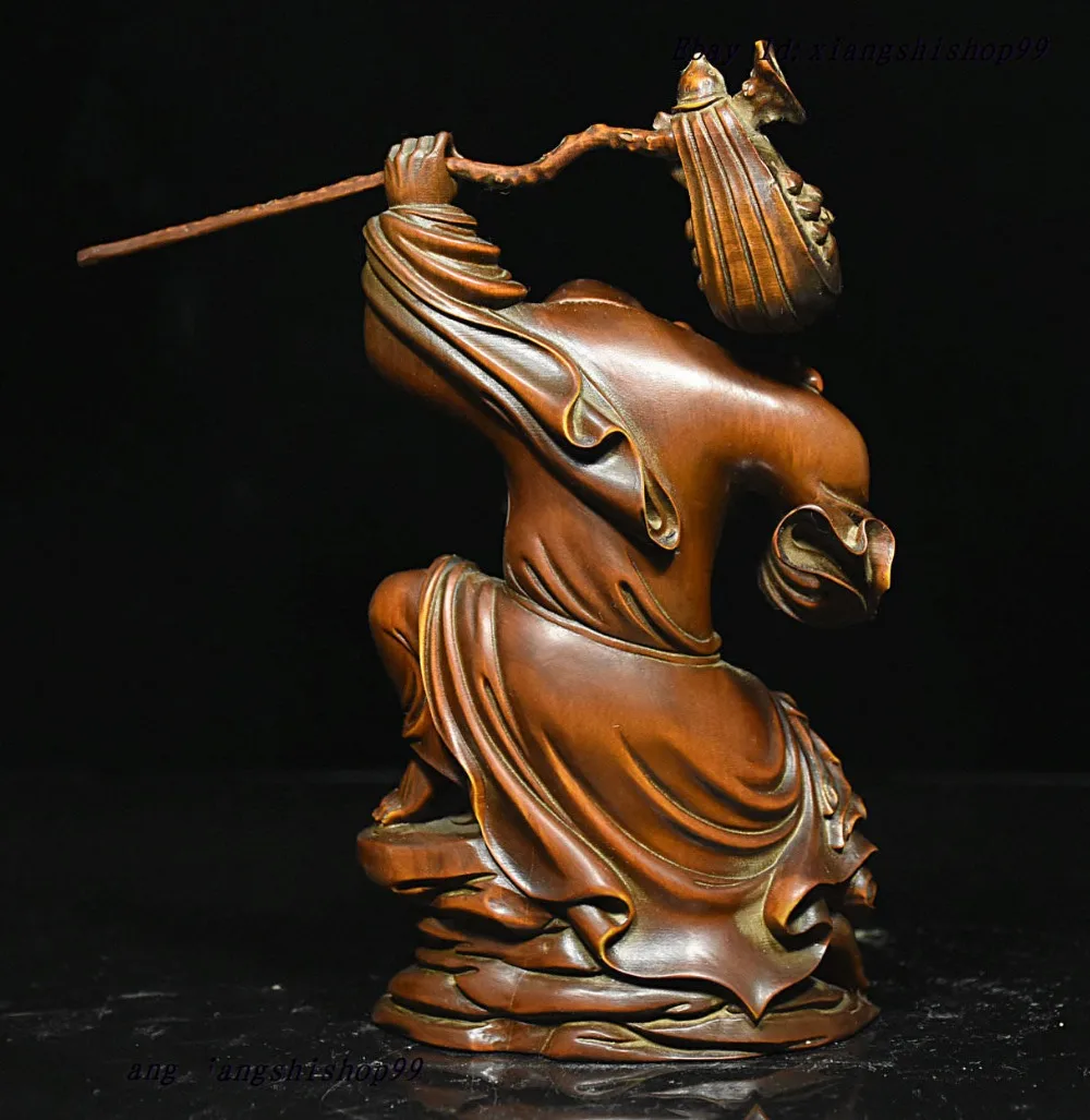 

wedding decoration 8" Chinese Folk Collect Boxwood Wood Carved Wealth Mammon God Hold RuYi Statue