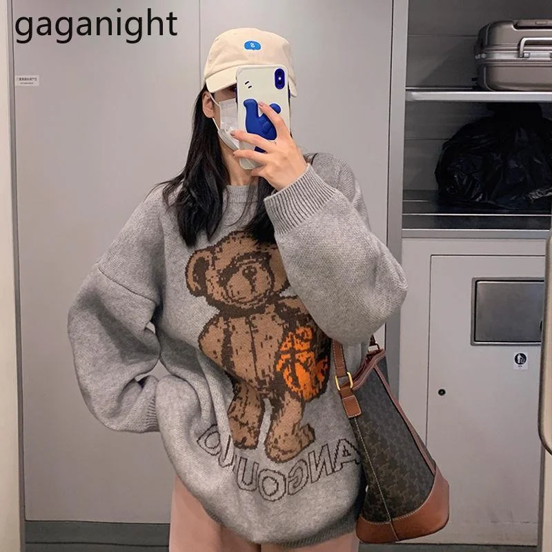 

Gaganight женский свитер с принтом медведя 2021 осень зима корейский Шикарный ретро Свободный пуловер мягкий восковой круглый вырез с длинными ру...