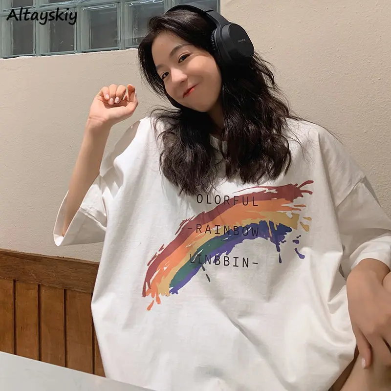 

Футболка женская базовая с радужным принтом, в стиле Харадзюку, мешковатая Повседневная воздухопроницаемая футболка с коротким рукавом в с...