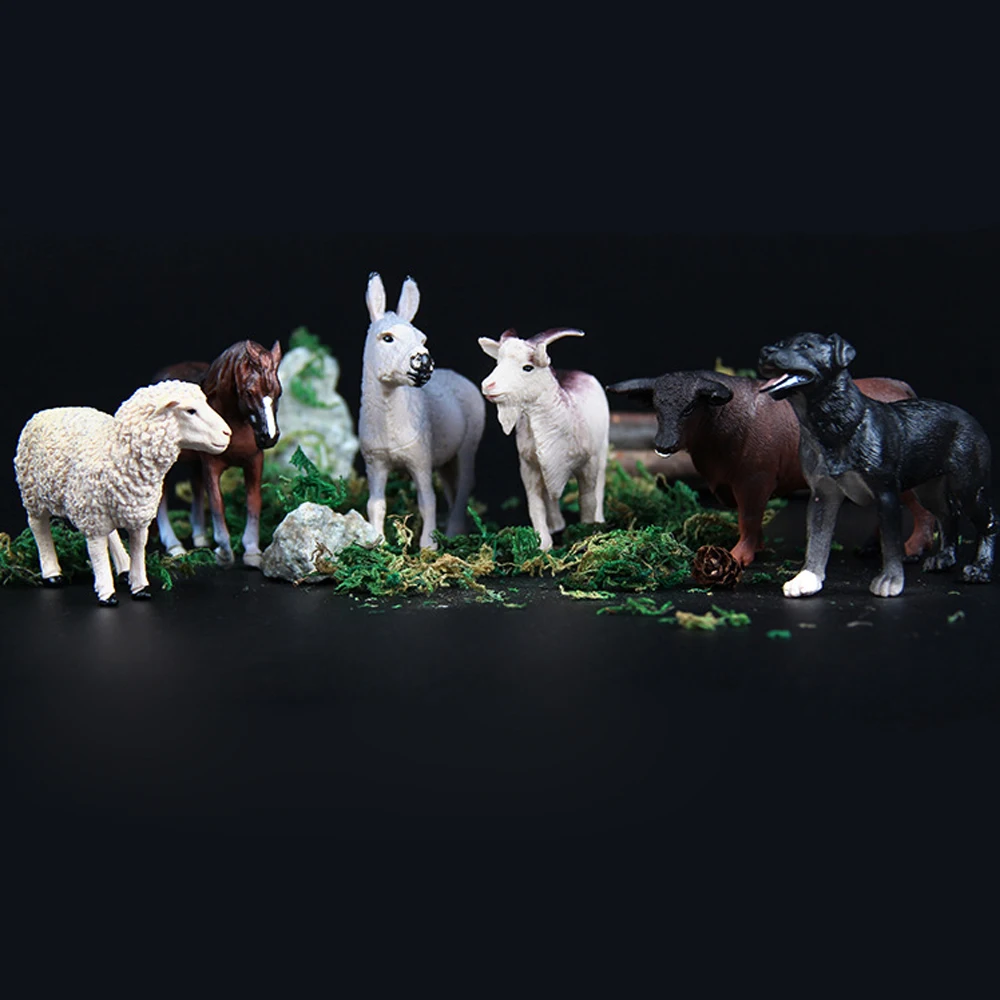 

6pcs/set Simulated Farm Animal Figure Sheep Dog Horse Donkey Ox Cow Animals Sets Static Plastic Model Toys Desktop Decoration