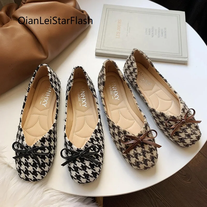 

Spring Autumn Women Flats Plaid Jacquard Fabric Slip on Flats Shoes Woman Boat Shoes Square Toe Bow Ladies Shoes Shallow