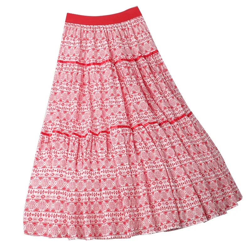 

Summer New Thin All-Match A-Line Skirt Complex Retro Printing Stitching Drape Casual Pleated Skirt Female