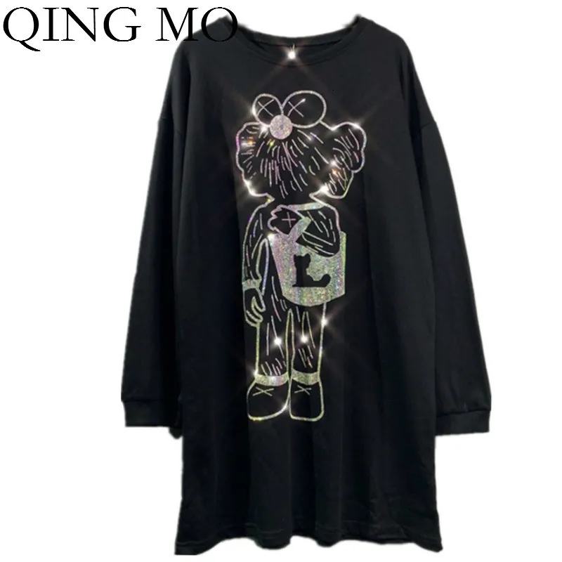 Цин MO мультфильм печатных женское платье с Стразы Женская Черная футболка
