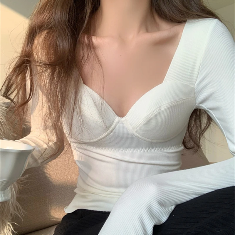 

Women Elegant Chic Square Collar Slim Pullovers T-Shirts 2022 Spring Fashion Long Sleeve Skinny Female Knitted Solid Tees Tops