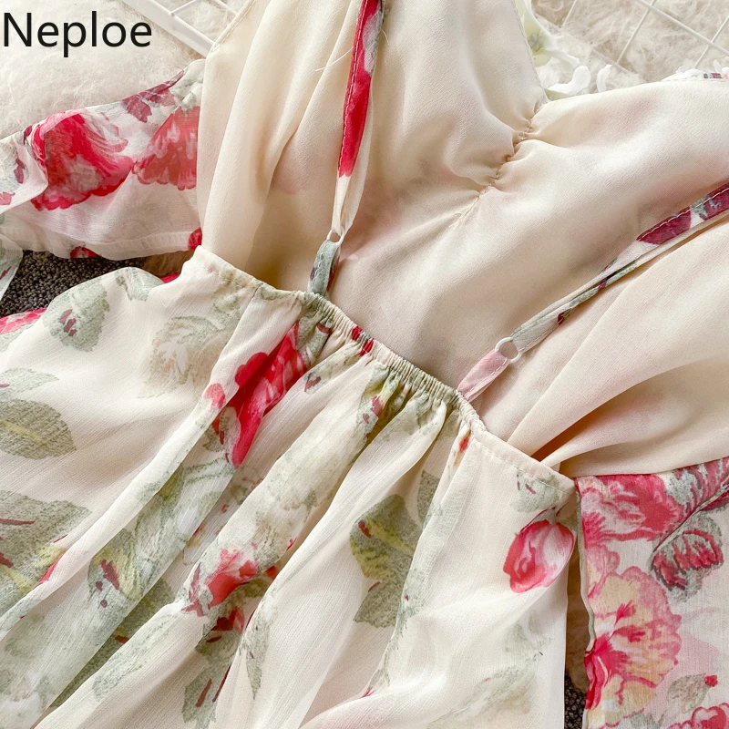 

Neploe Floral Ptint Wome Dress Sexy V Neck Sleeveless Backless Camis Vestidos Sweet Slim Wasit Mid Calf Beach Dresses 80957