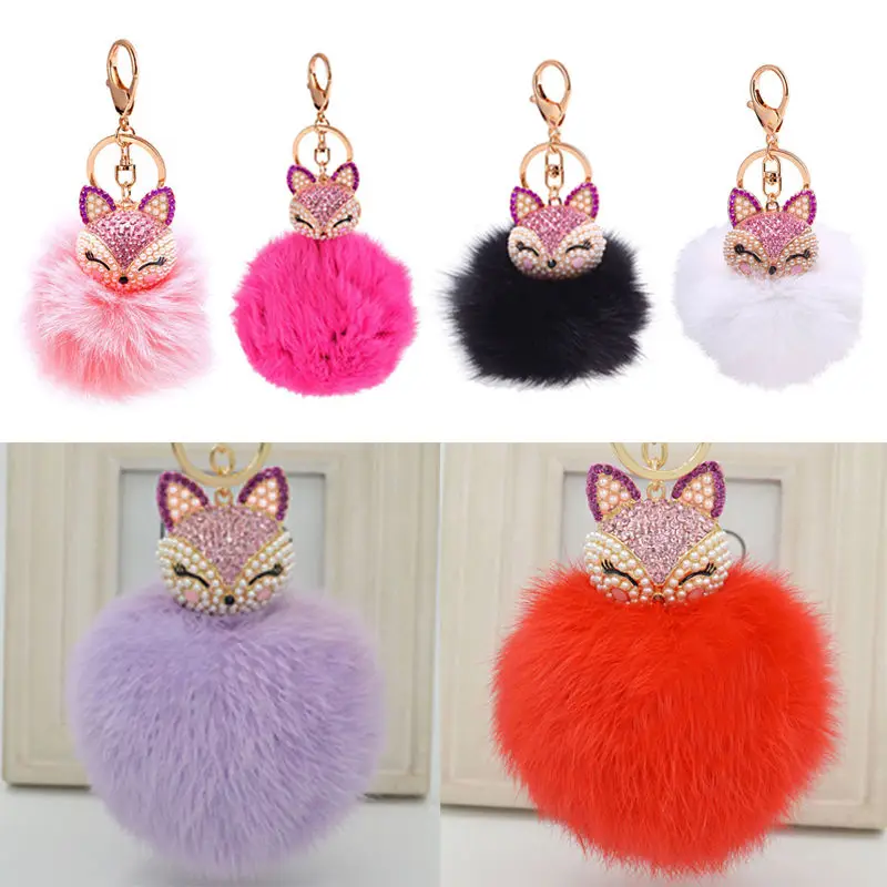 

Cute Mini Fox Fur Ball Keychain Handmade Fluffy Fur Pompom Ball Inlaid Rhinestone Lady Bag Accessories Car Key Ring Pendant