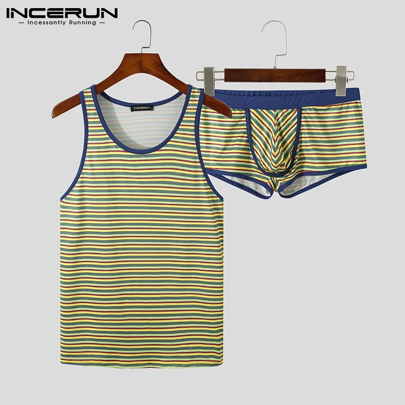 

INCERUN Summer Men Pajamas Sets Striped Cozy Homewear Sleeveless Tank Tops Boxers 2 Pieces Fitness Sexy Men's Nightwear Suits