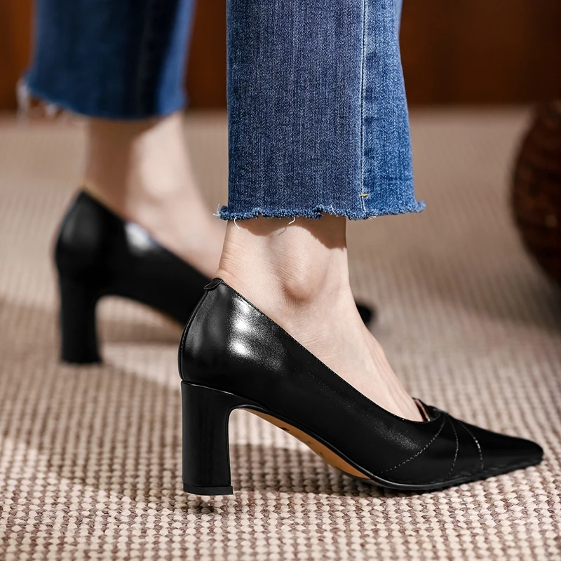 

European style time simple comfortable high heels 2021 Square thick heel shoes Genuine Leather single shoes wild women's shoes