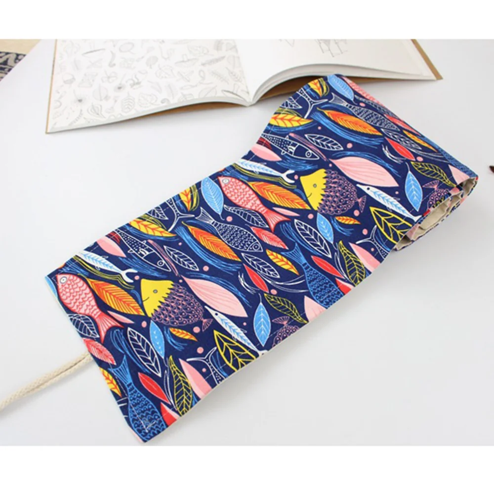 

Colorful Fish Pattern Canvas Portable Knitting Rolling Pencil Roll Wrap Holder Pouch Case Storage Organizer With 48 Slo