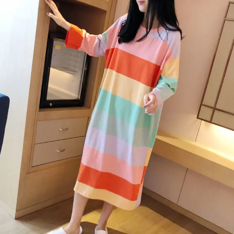 Autumn Winter Ladies Rainbow Striped Loose Long Nightdress Home O Collar Long-sleeved | Женская одежда