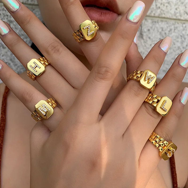 

UILZ 2021 Trendy Hiphop Adjustable Gold Color AAA Zirconia A-Z Letter Ring Watchband Square Statement Rings For Women