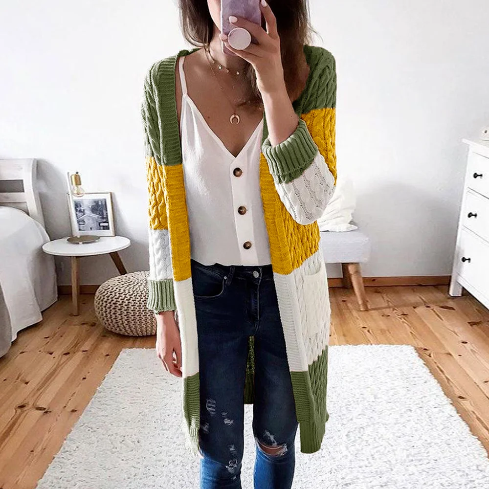 

2021 Casual Contrast Color Women Cardigans Stripe New Womens Sweaters Long Cardigan Fashion Spring Autumn Knitwear with Pockets