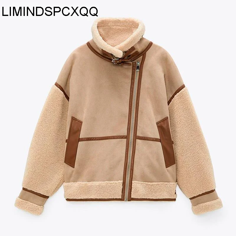 

Зимние женские толстые теплые винтажные Лоскутные замшевые байкерские куртки из овечьей шерсти пальто шикарная Свободная верхняя одежда и...