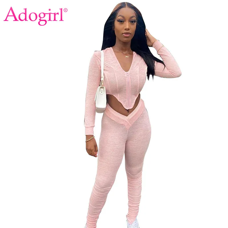 

Adogirl Solid Two Piece Set Casual V Neck Long Sleeve Zipper Asymmetric Hooded Crop Top Stacked Pants Jogger Suit Sexy Tracksuit