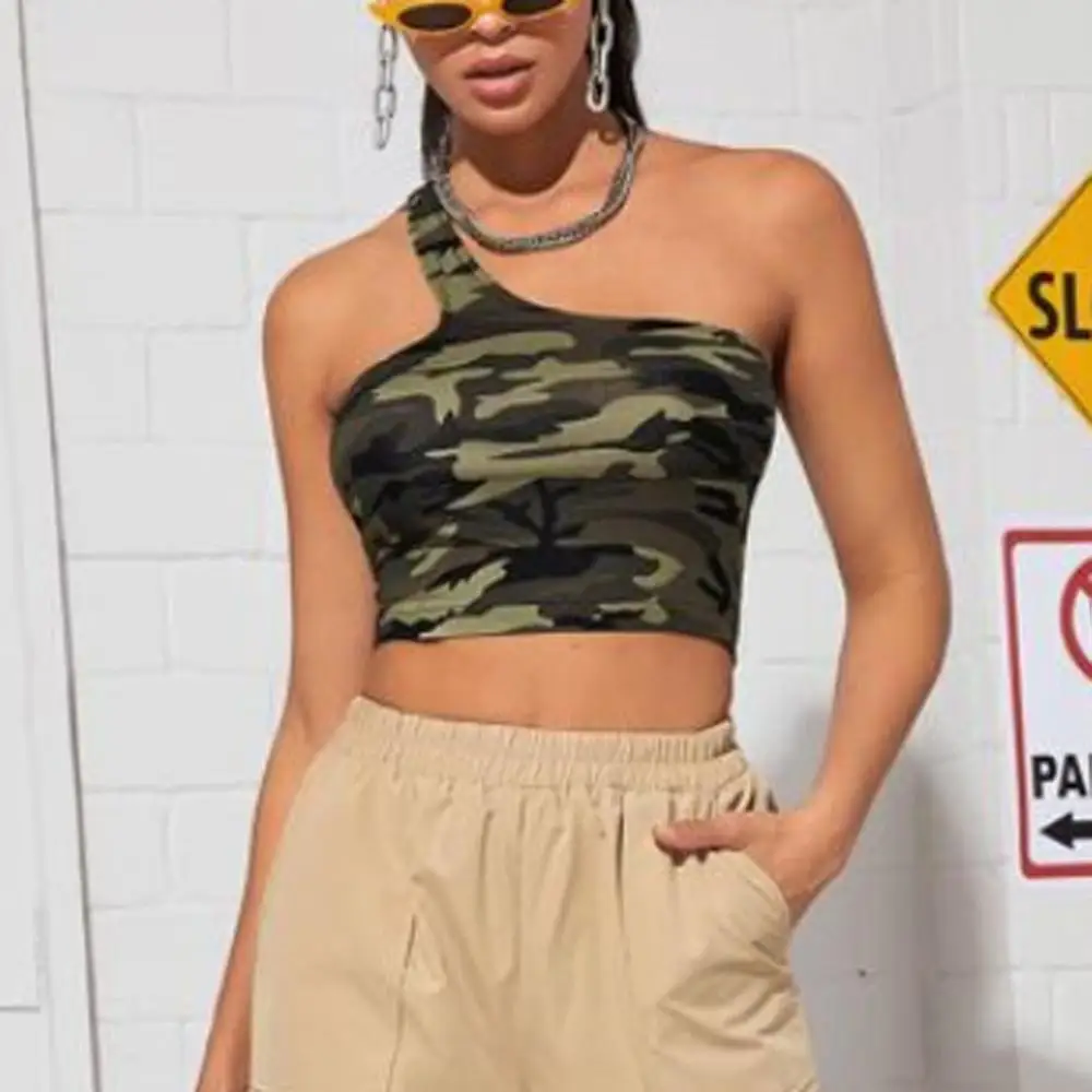 Модный женский Камуфляжный укороченный топ с лямкой на шее летняя повседневная