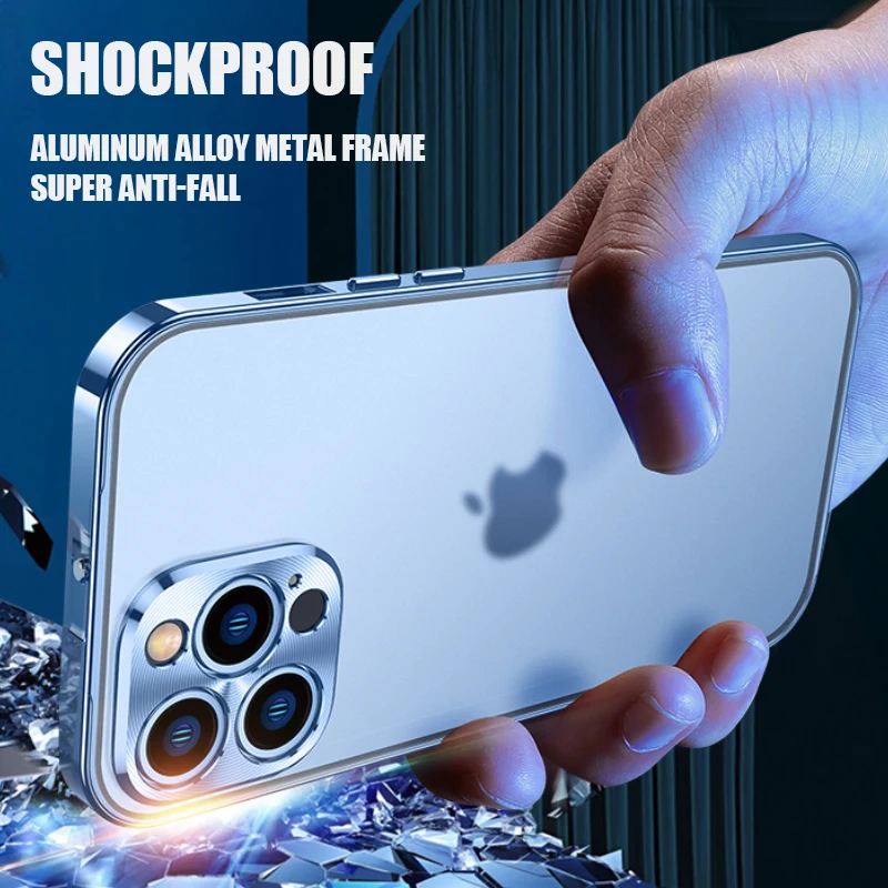 Funda de Metal de aluminio de lujo para iPhone, carcasa transparente mate de vidrio de doble cara para iPhone 13 Pro Max 13pro 360, cubierta protectora completa a prueba de golpes-4