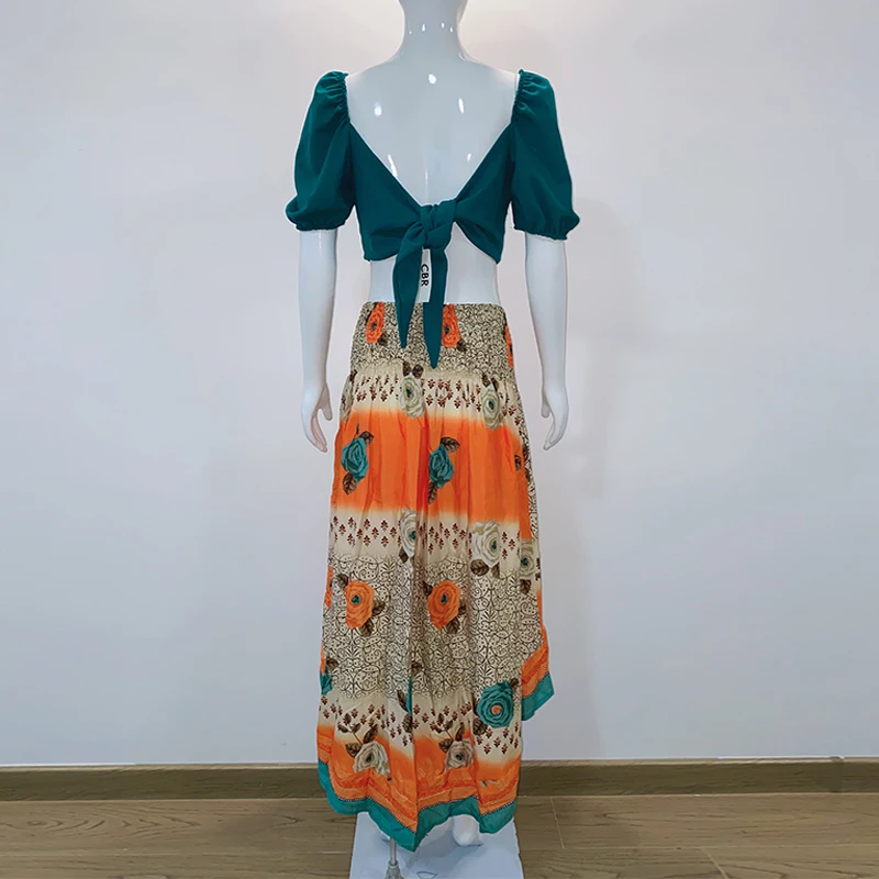 

Women Summer Flat Print Contrast Color Puff Sleeve V Neck Sexy Back Lace Up Top & Midi Skirt 2 Piece Set Dress Sets