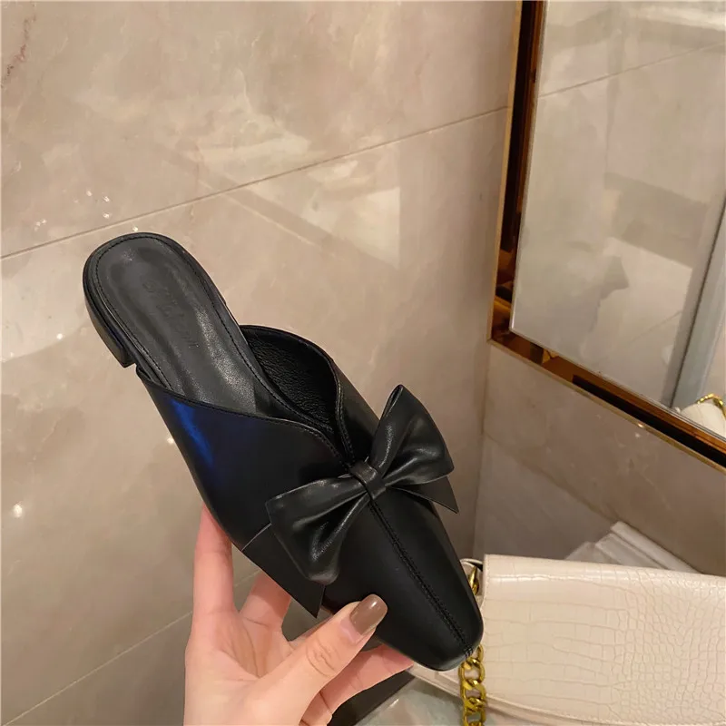 

New summer small fragrant wind half-drag Baotou outer wear slippers female flat-bottomed pointed Muller shoes bow slippers
