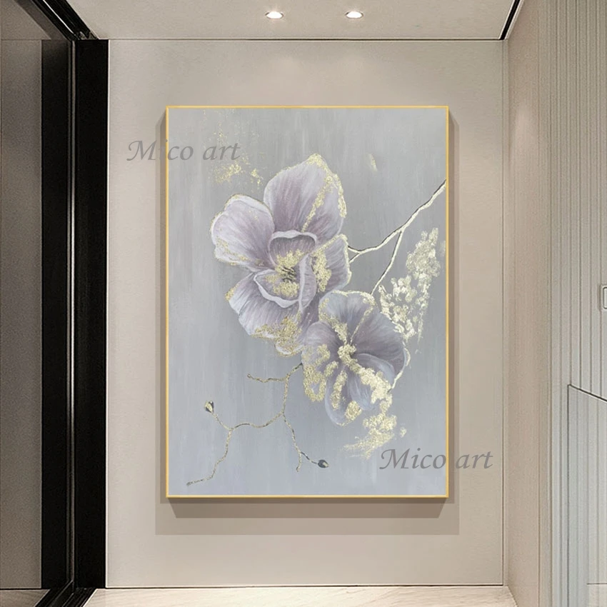 

Gold Foil Design Wall Picture Hand Painted Flower Art Modern House Wall Showpieces Floral Artwork Unframed Paintings For Hotel
