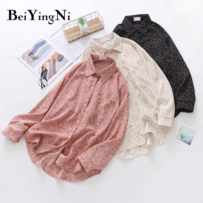 

Beiyingni Foral Printed Shirts Women Casual Oversized Harajuku Streetwear Chiffon Blouses for Woman Long Sleeve Autumn Blusa Top