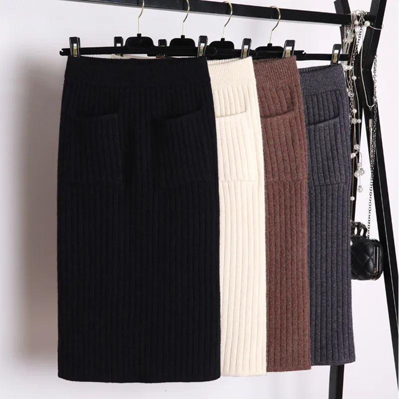 Women Knitted Skirt New Autumn Winter Korean Sexy Pack Hip High Elasticity Knit Pocket Midi Clothing AA967 |