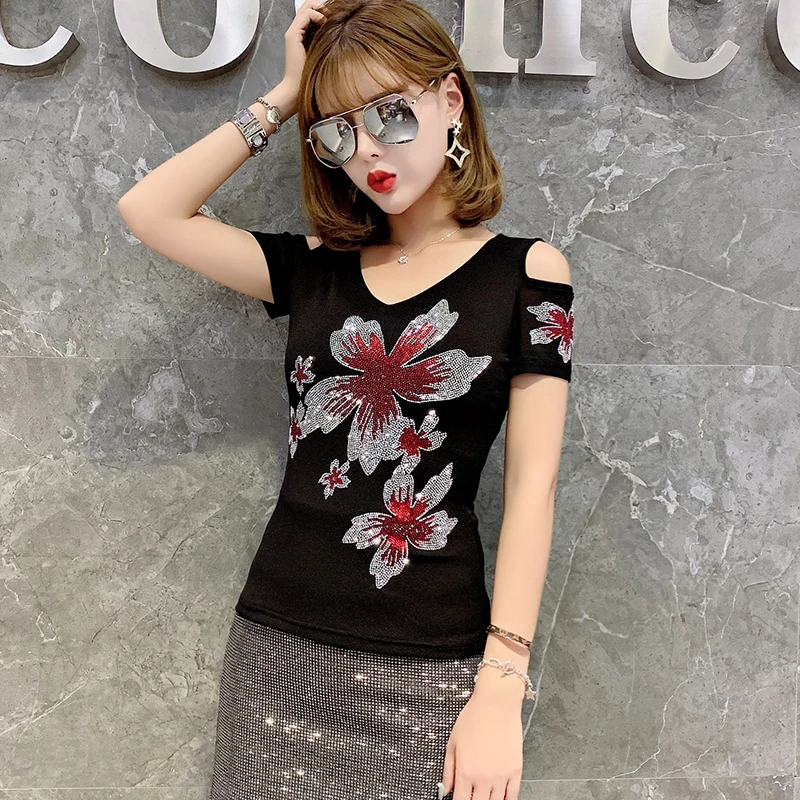 

2019 Summer New Rhinestone Mesh Lace T-Shirts Women Black Slim Off the Shoulder T-Shirt Fashion Flower Glitter Tees Europe Tops